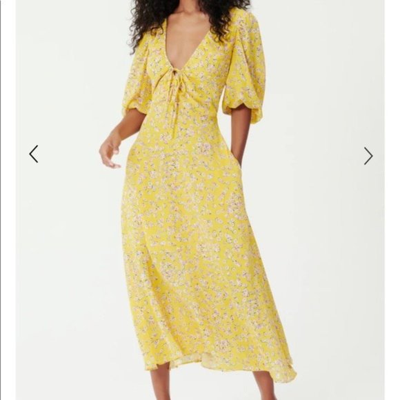 NICHOLAS Yellow Floral A-Line Midi Dress V Neck Puff Sleeve Tea Length US 0 New - Picture 9 of 10